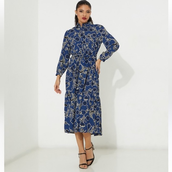 NWT ZARA PRINTED MIDI SHIRT DRESS NAVY BLUE FLORAL DRESS M - Picture 1 of 6